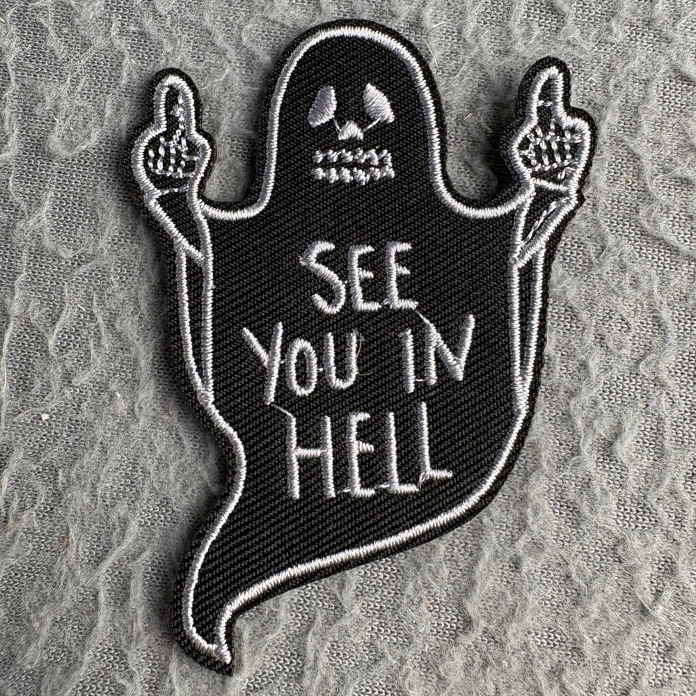 See You In Hell Ghost Middle Finger Embroidered Patch Black White Halloween Goth